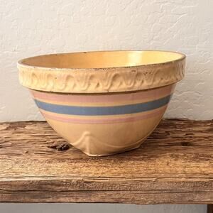 1920s McCoy Pottery Stoneware Mixing Bowl Striped Yellow Blue Pink Pie Crust